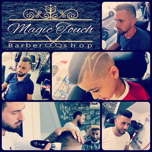 Collage of haircuts done at Magic Touch — fades, hair designs and beard trims